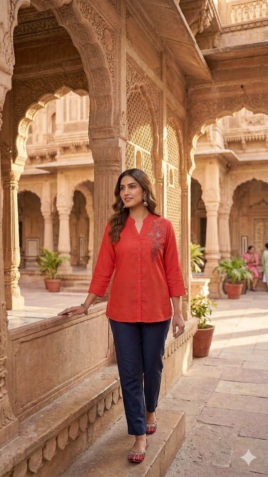 Vibrant Coral Hand-Embellished Top