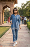 Denim-Base Cutwork Top