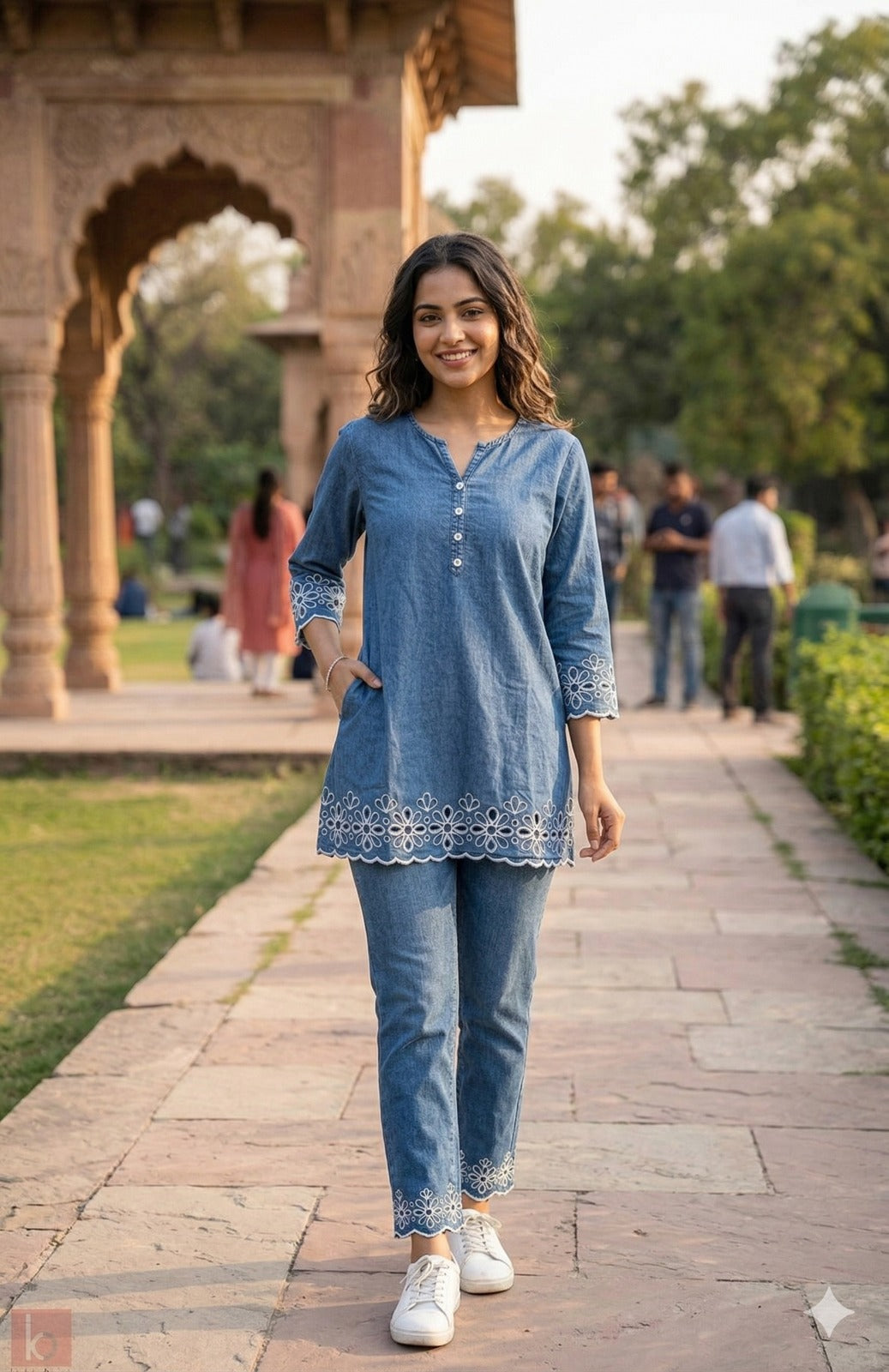 Denim-Base Cutwork Top