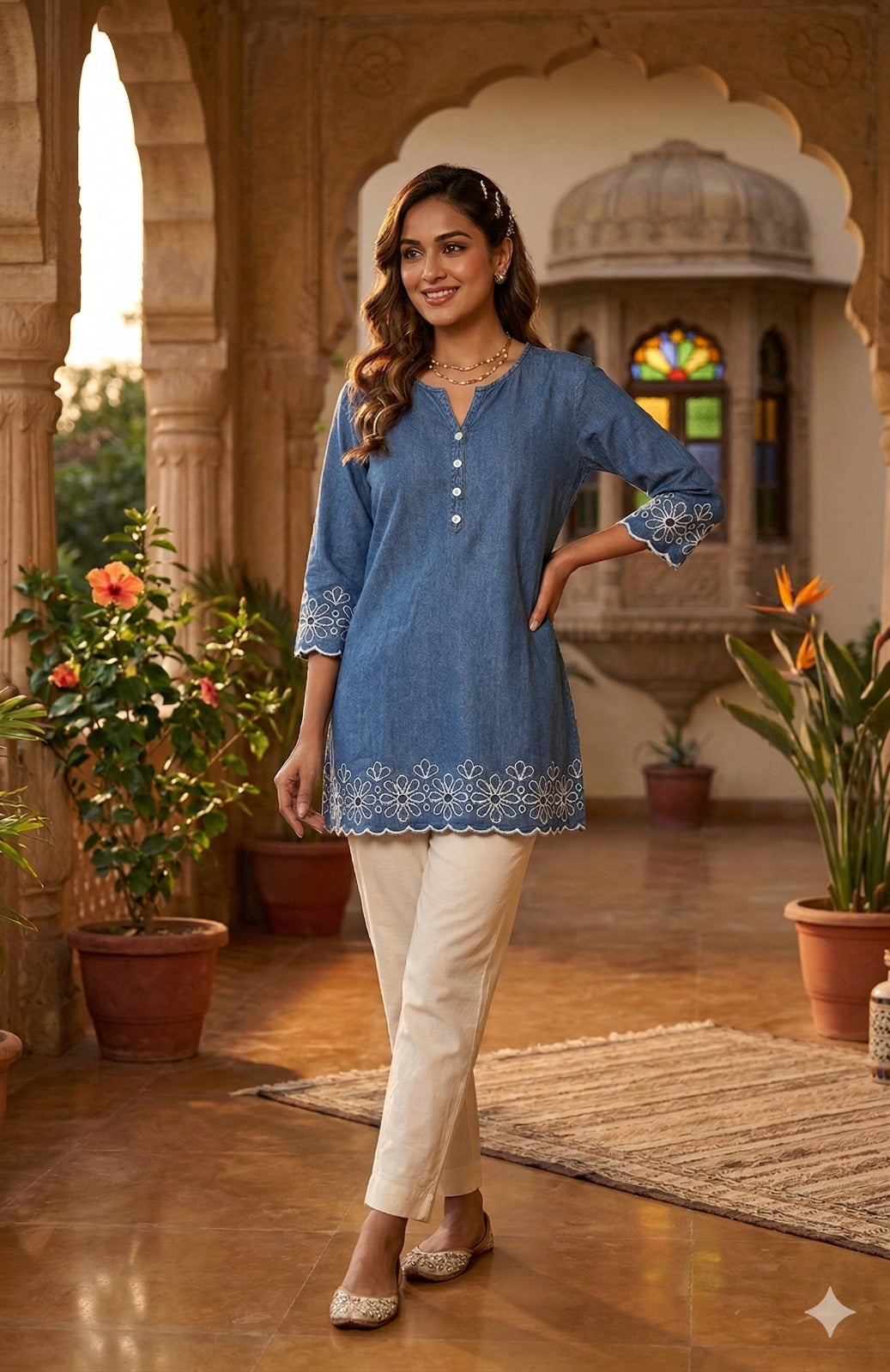 Denim-Base Cutwork Top
