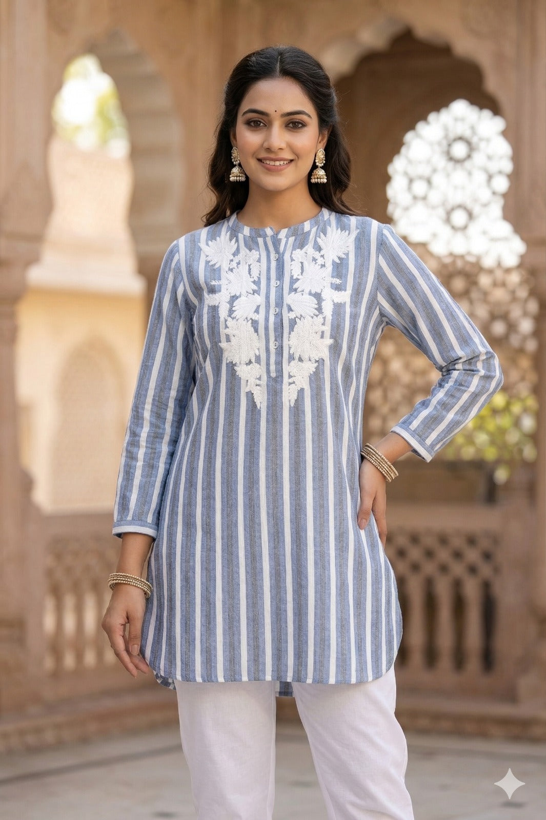 Blue and white striped tunic Top