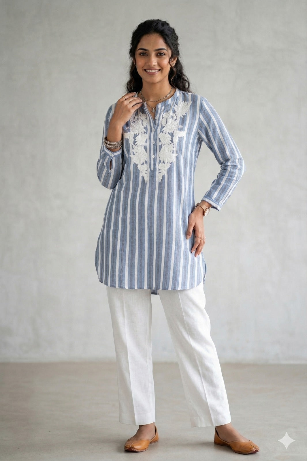 Blue and white striped tunic Top