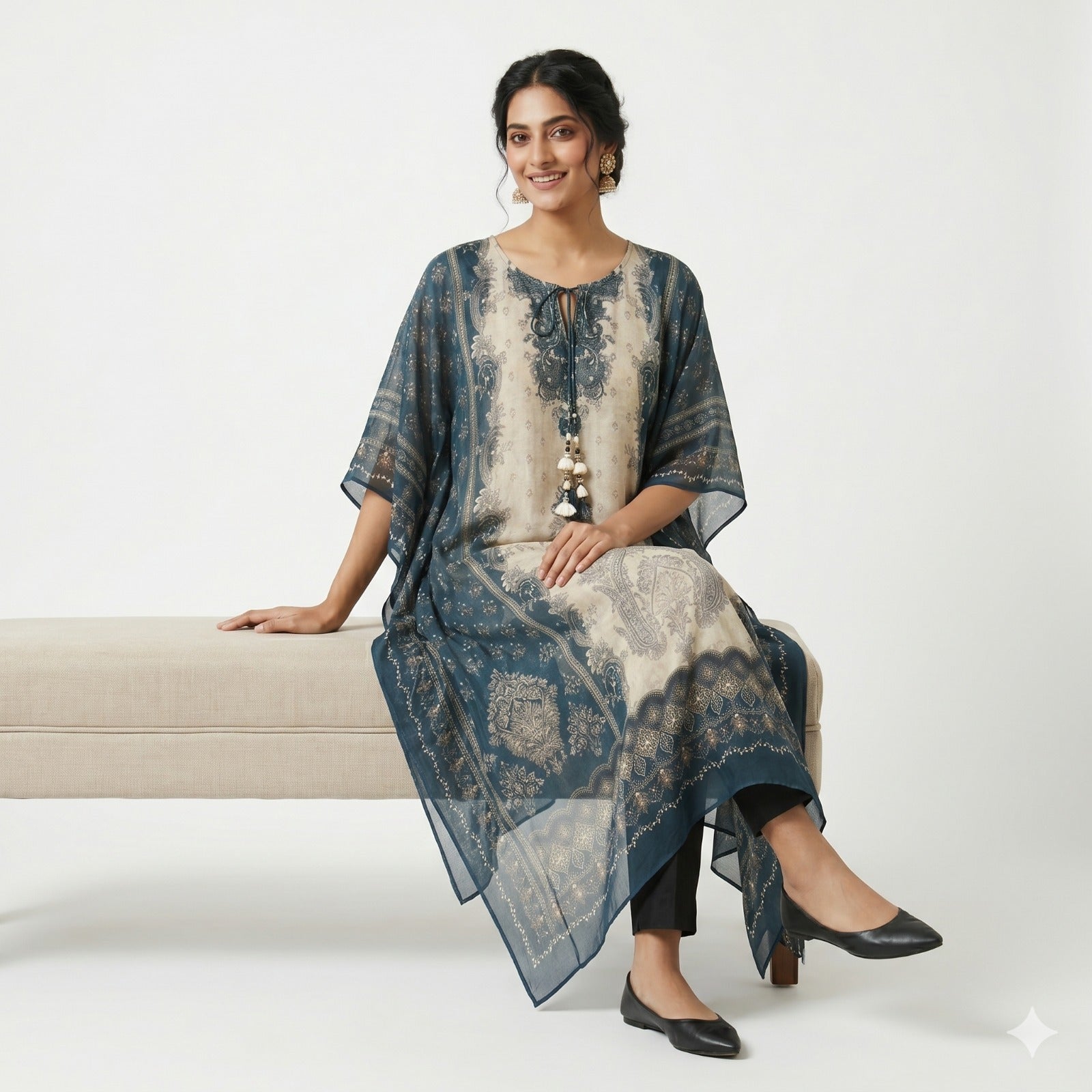 Midnight Ivory Printed Kaftan Top