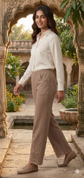 Beige Embroidered Hem Trousers