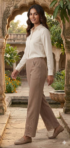Beige Embroidered Hem Trousers