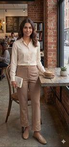 Beige Embroidered Hem Trousers