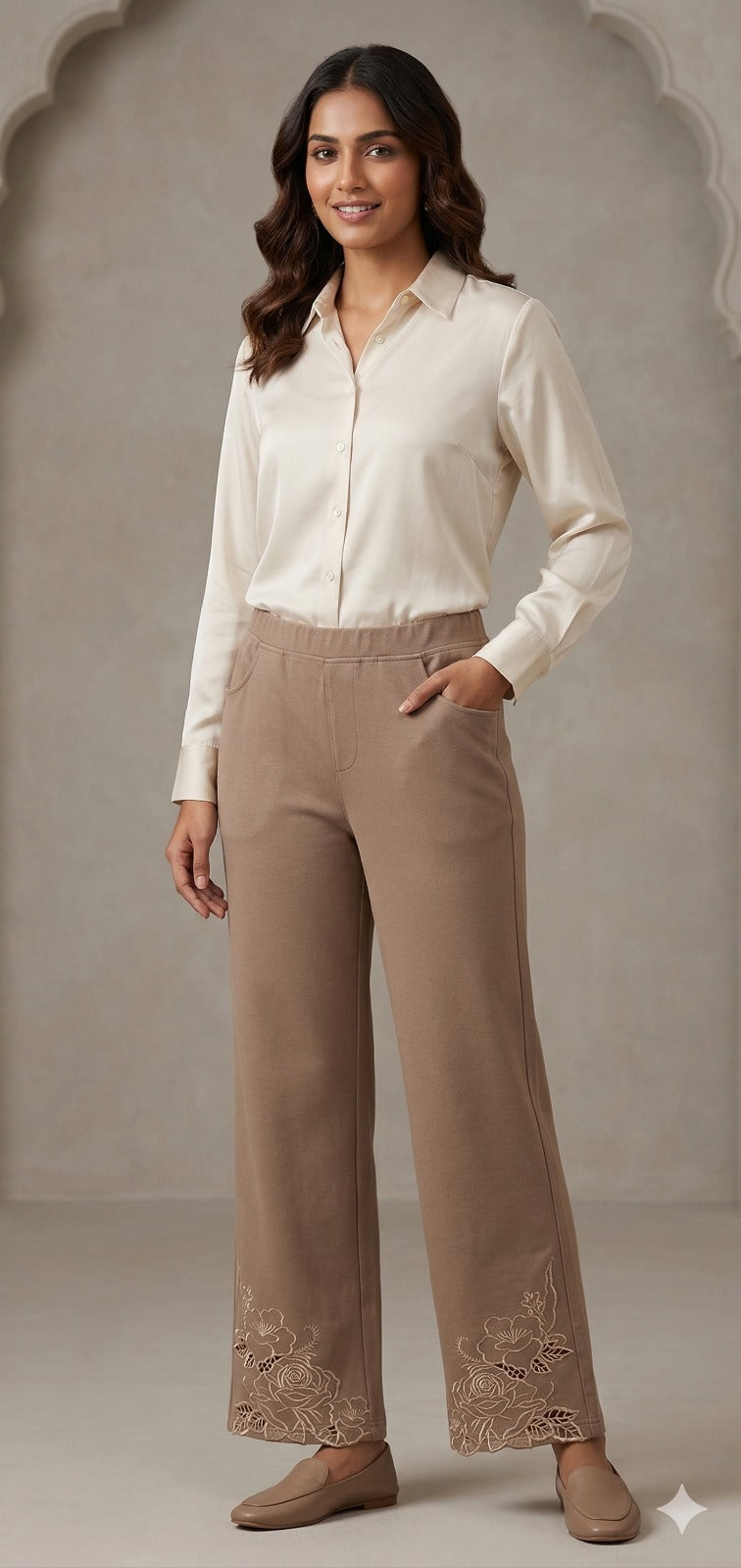 Beige Embroidered Hem Trousers