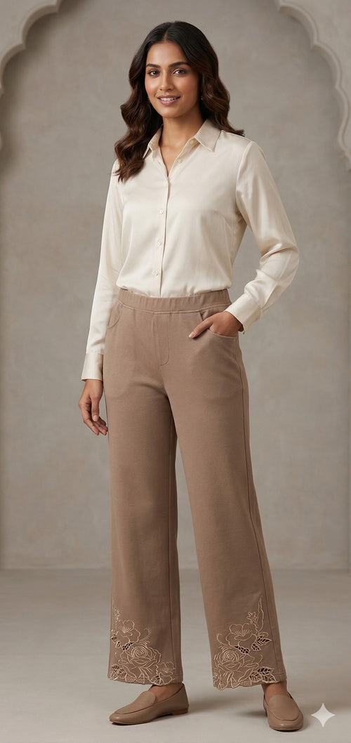 Beige Embroidered Hem Trousers