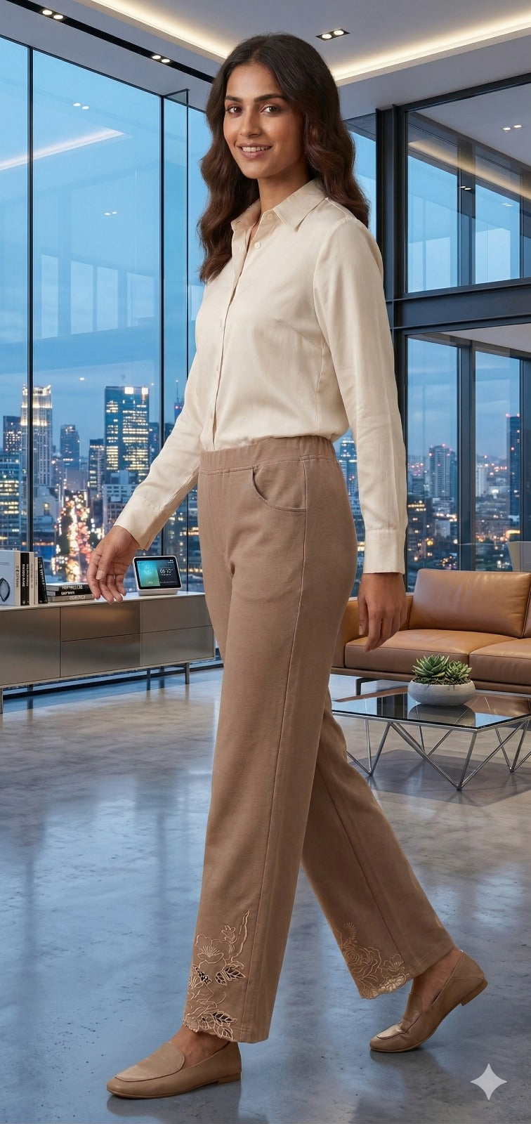 Beige Embroidered Hem Trousers