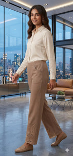 Beige Embroidered Hem Trousers