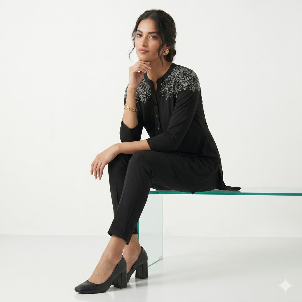Noir Blossom Button Top
