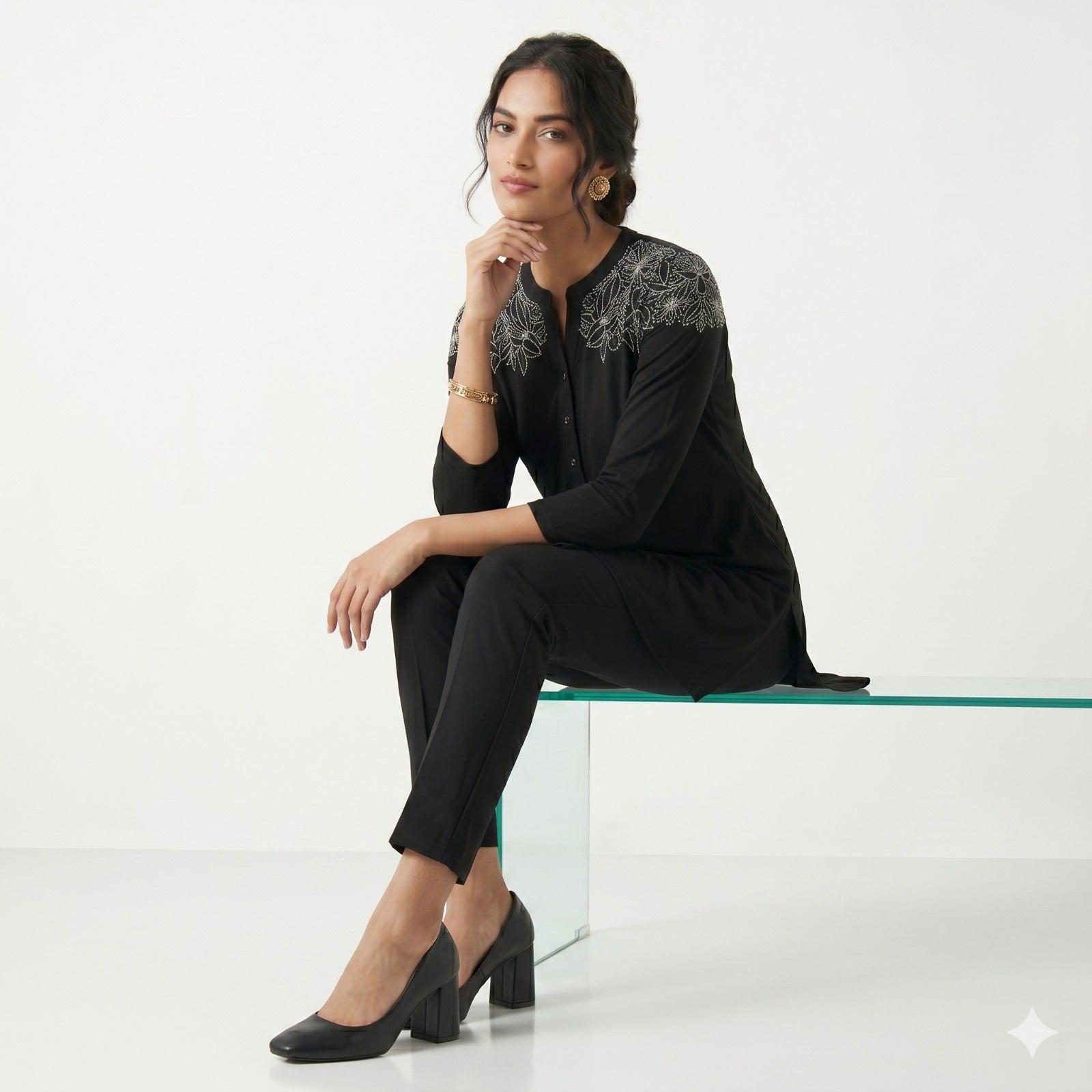 Noir Blossom Button Top