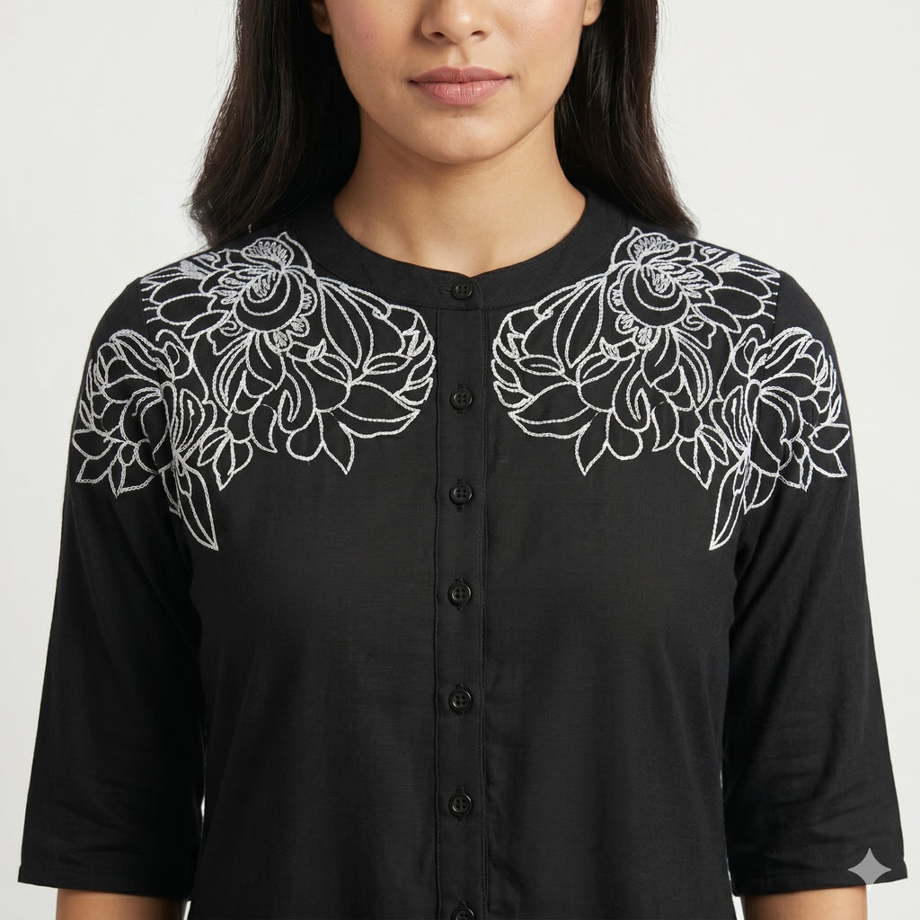 Noir Blossom Button Top