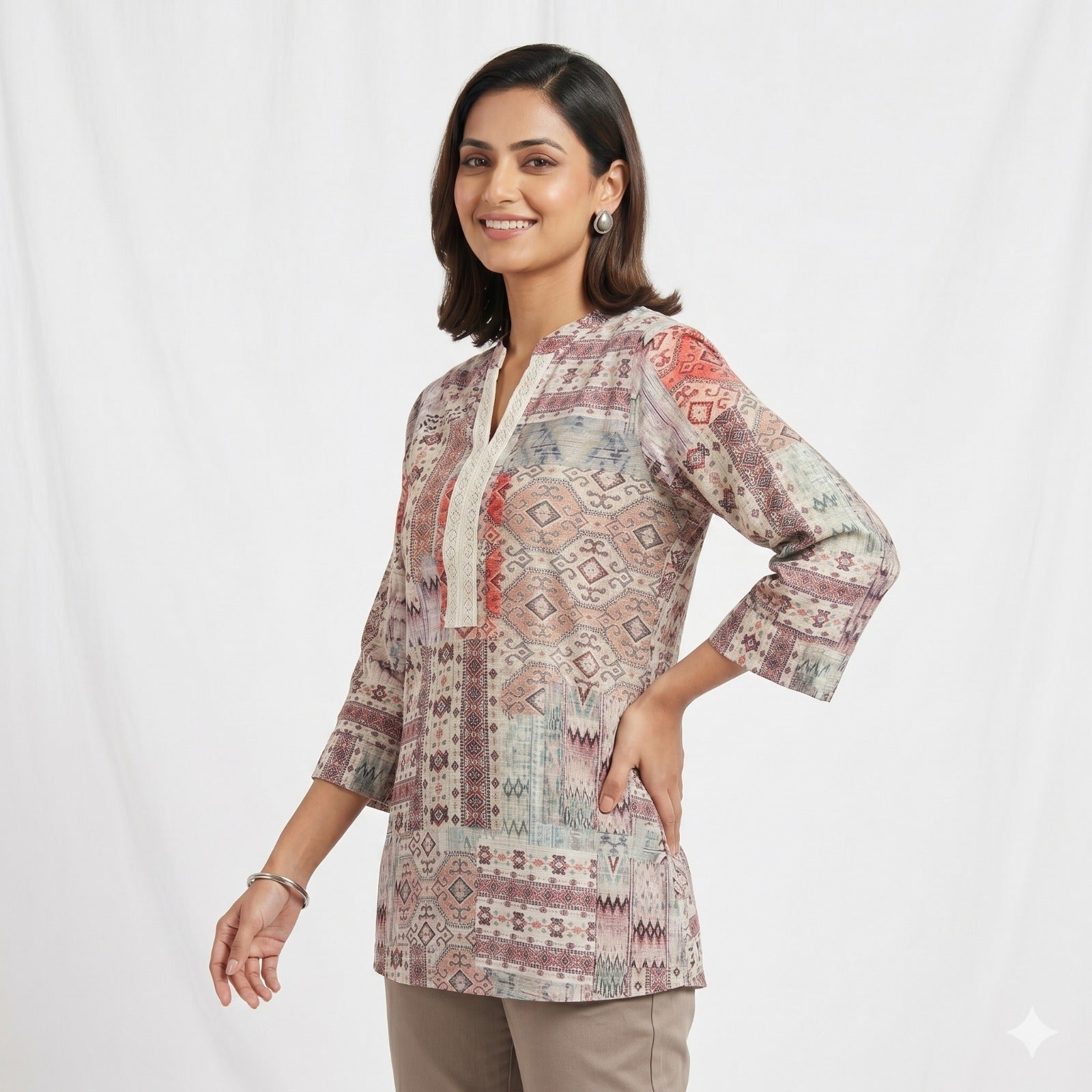 Earthy Mosaic Ethnic Patchwork Top