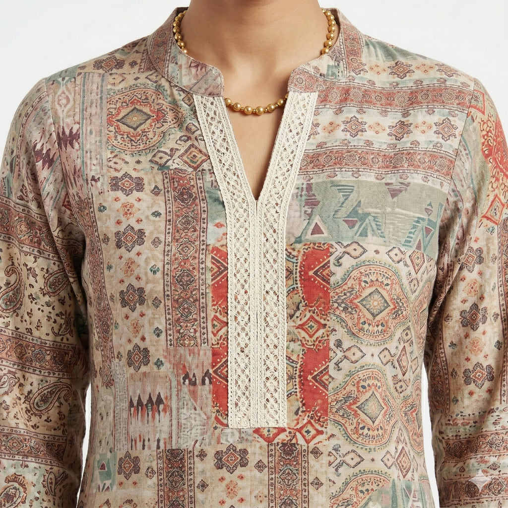 Earthy Mosaic Ethnic Patchwork Top