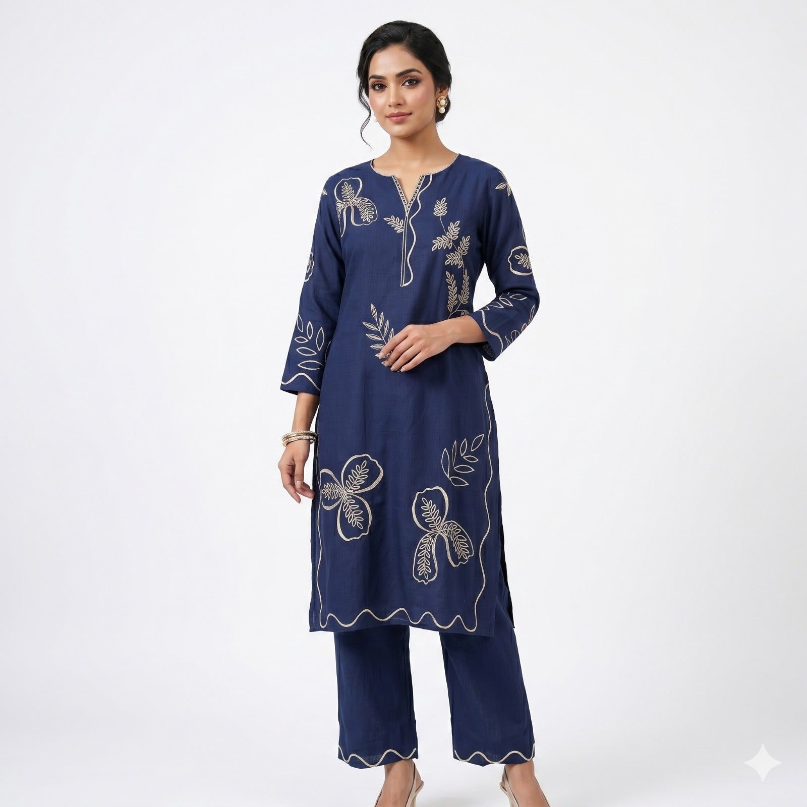 Embroidered Navy Blue & Trouser Cord-set