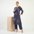 Embroidered Navy Blue & Trouser Cord-set