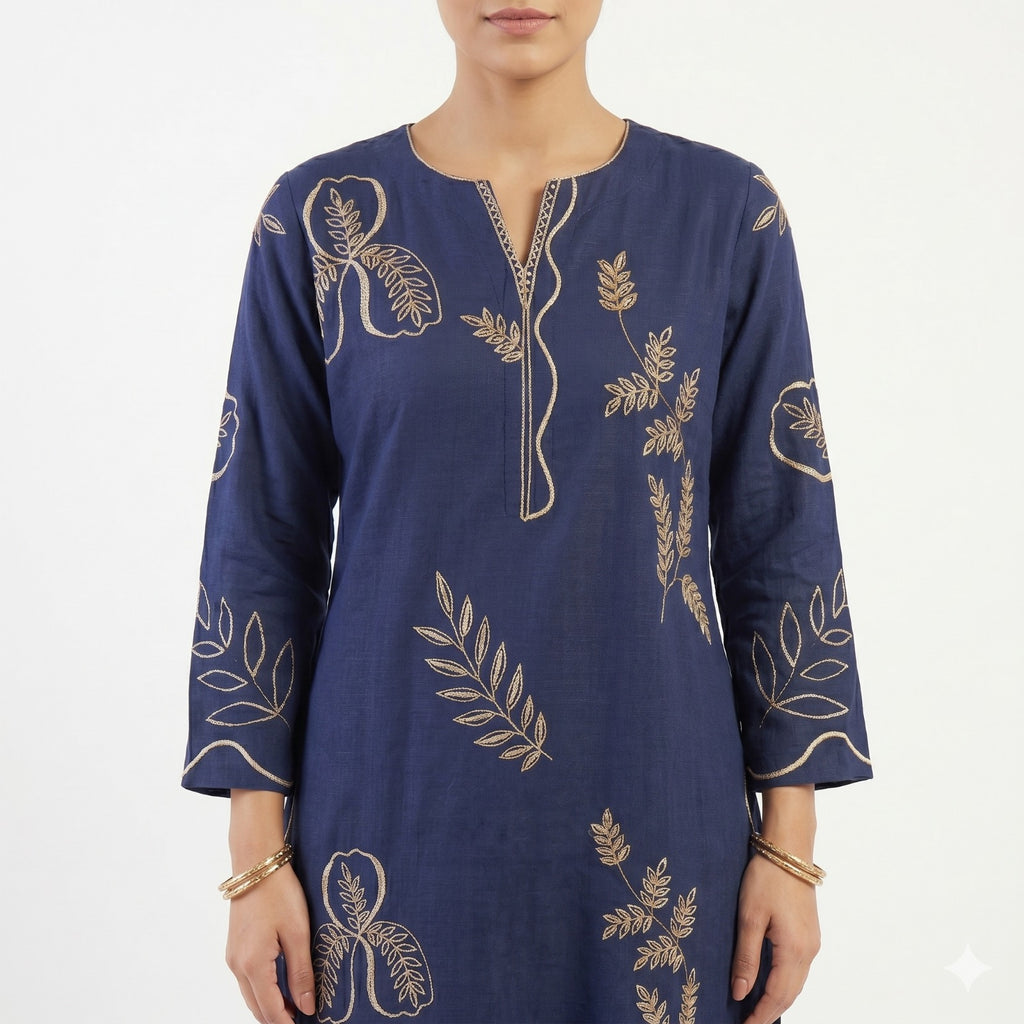 Embroidered Navy Blue & Trouser Cord-set