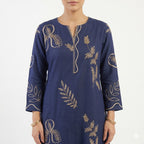 Embroidered Navy Blue & Trouser Cord-set