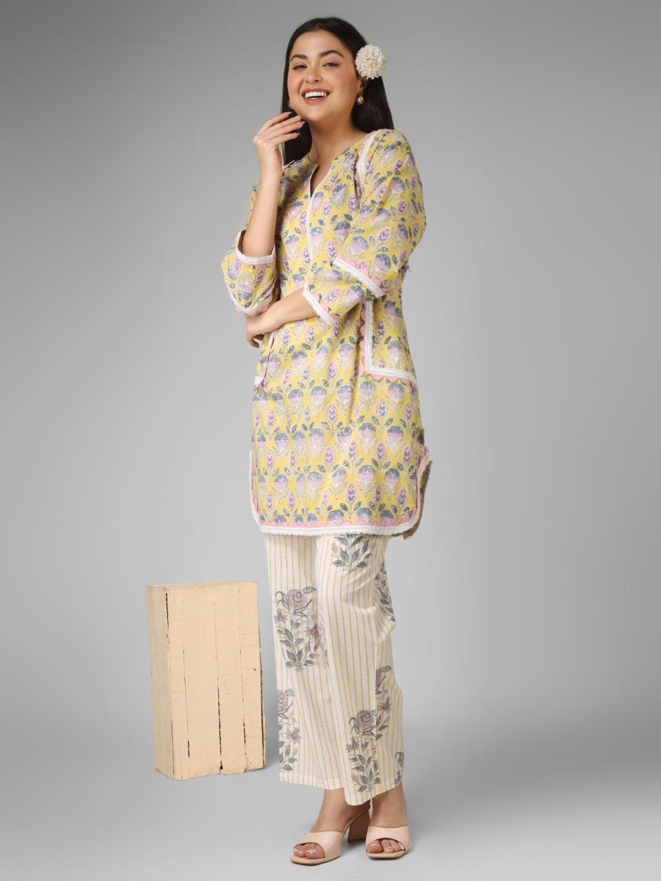 Yellow & Off-White Floral Cord-set