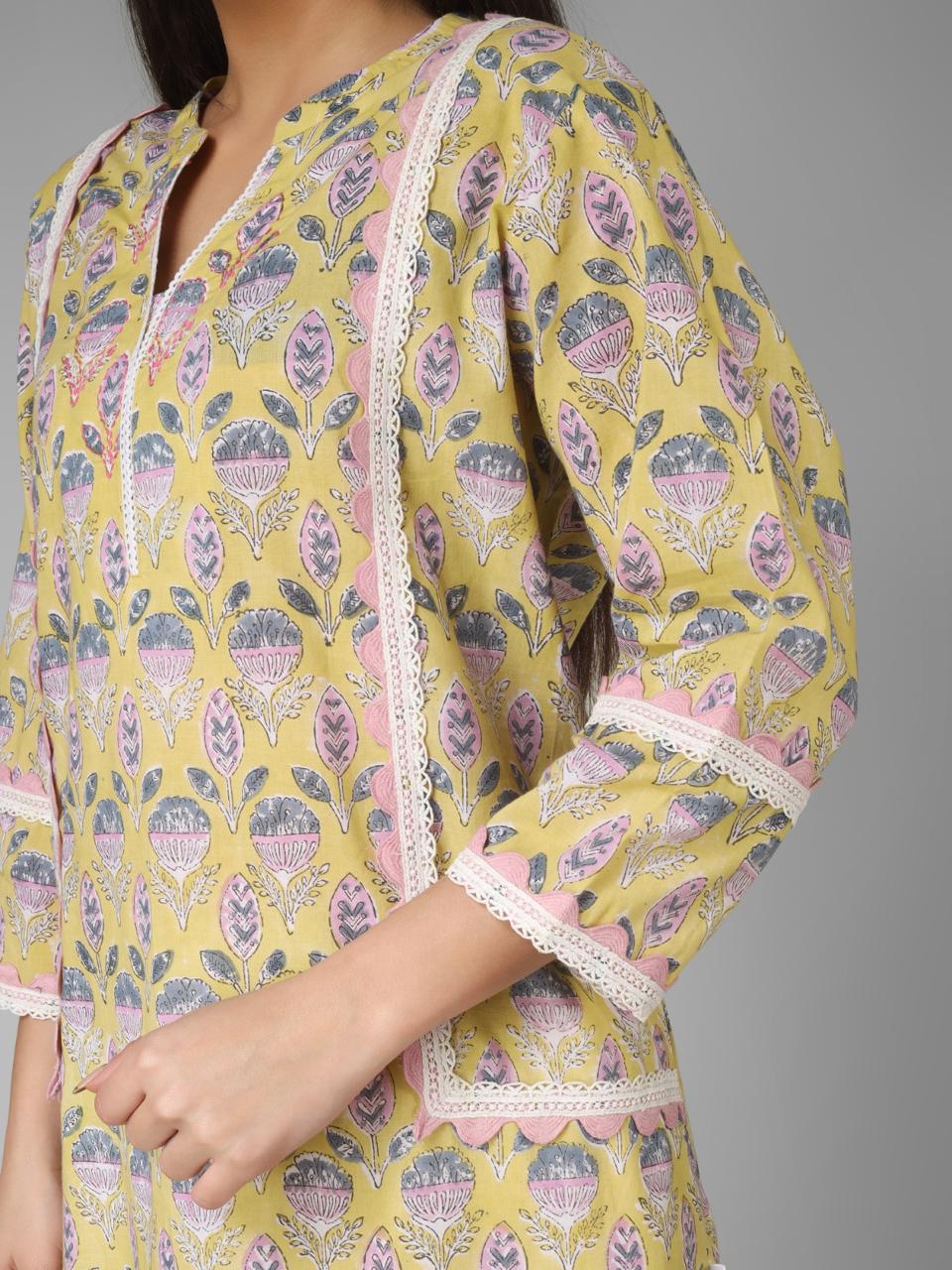 Yellow & Off-White Floral Cord-set