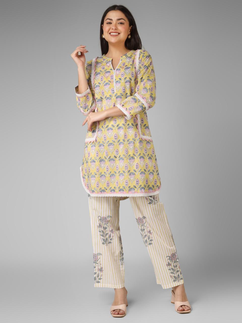 Yellow & Off-White Floral Cord-set