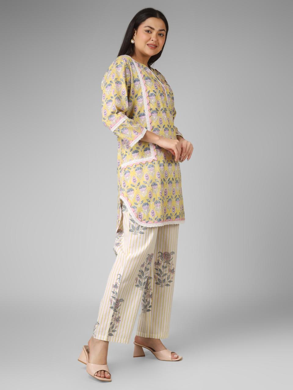 Yellow & Off-White Floral Cord-set