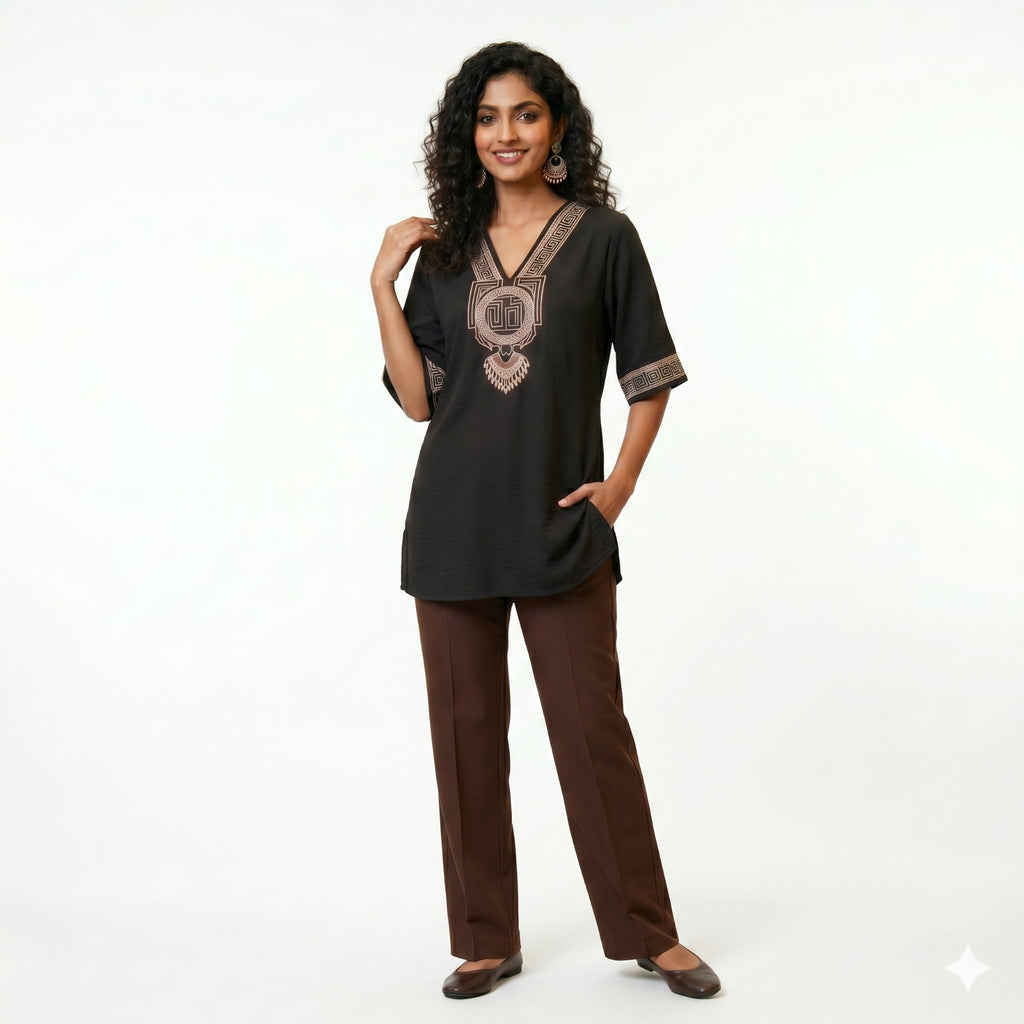 Midnight Charm embroidered V-Neck  Top