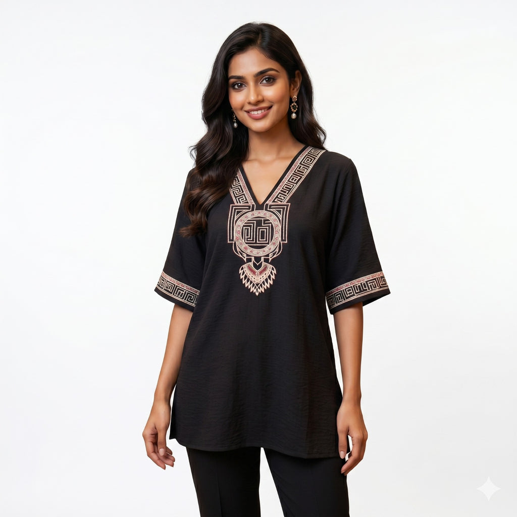 Midnight Charm embroidered V-Neck  Top