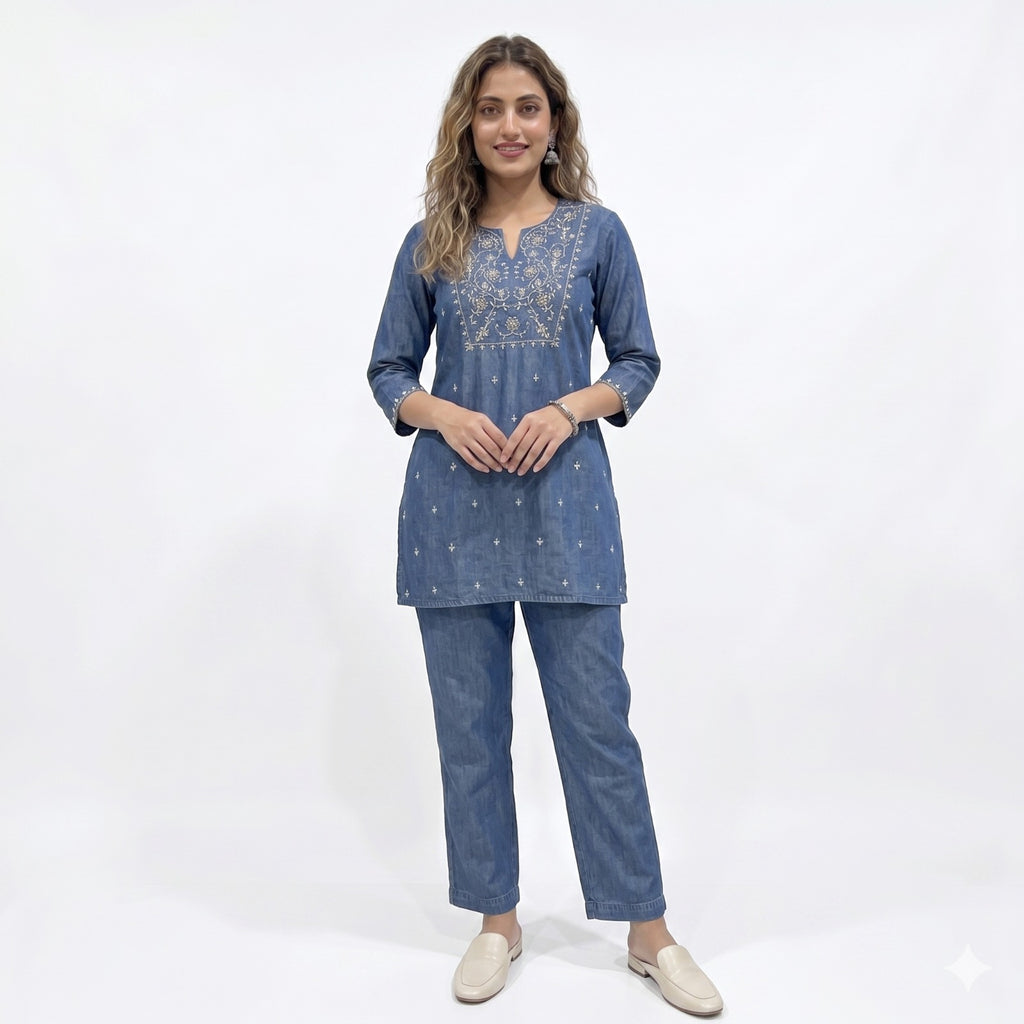 Denim Embroidered Cord-set