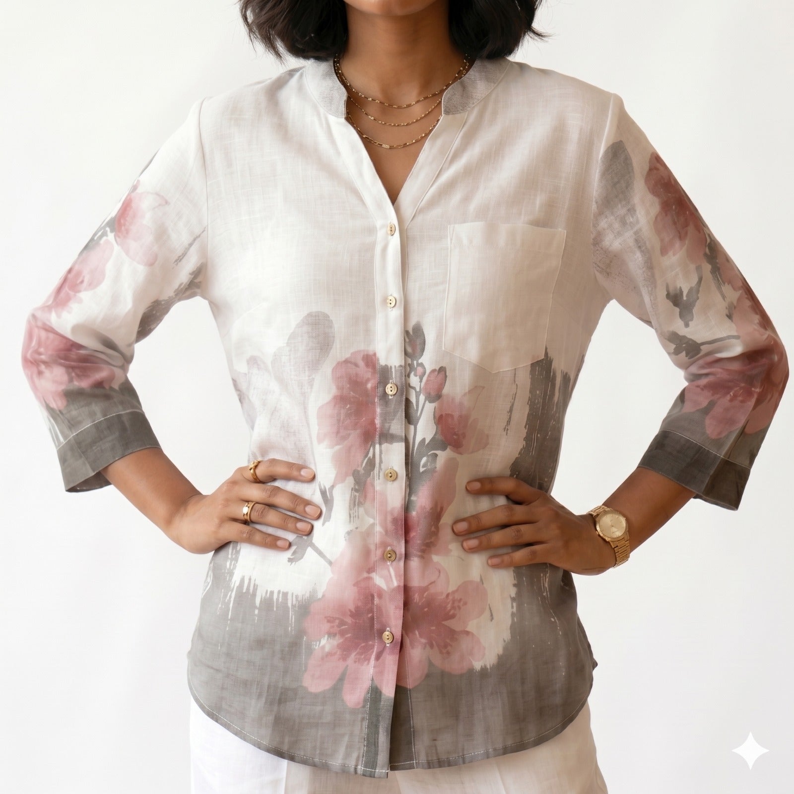 Floral Print Linen Blend Button-Down Top