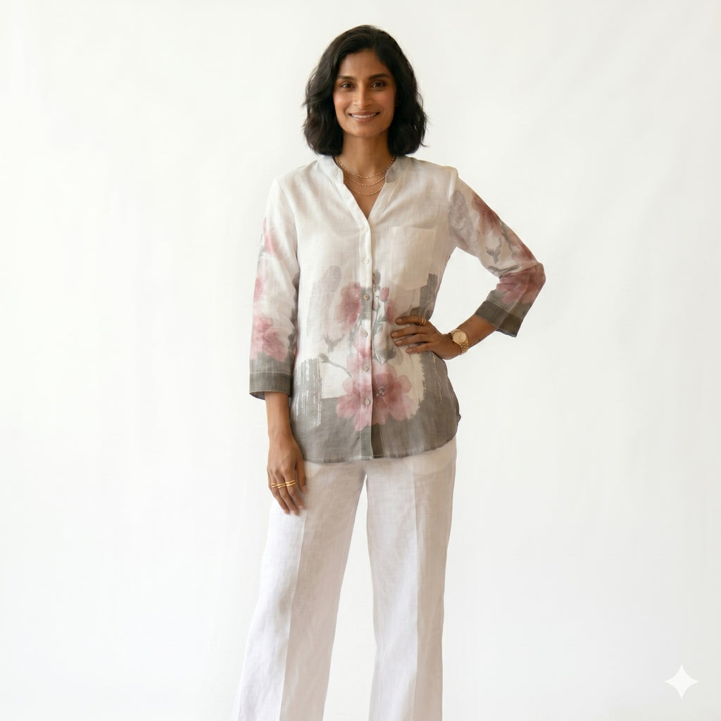 Floral Print Linen Blend Button-Down Top