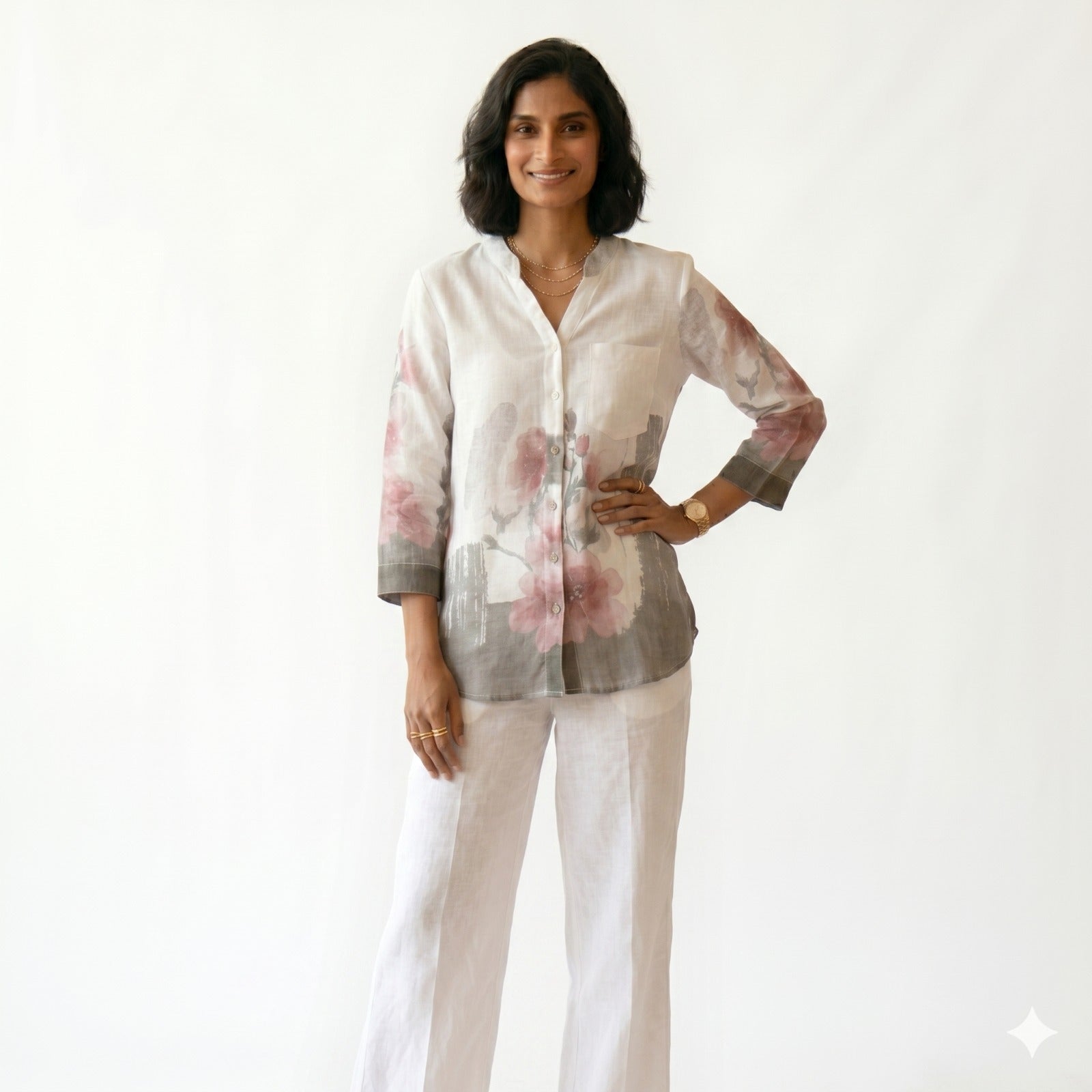 Floral Print Linen Blend Button-Down Top
