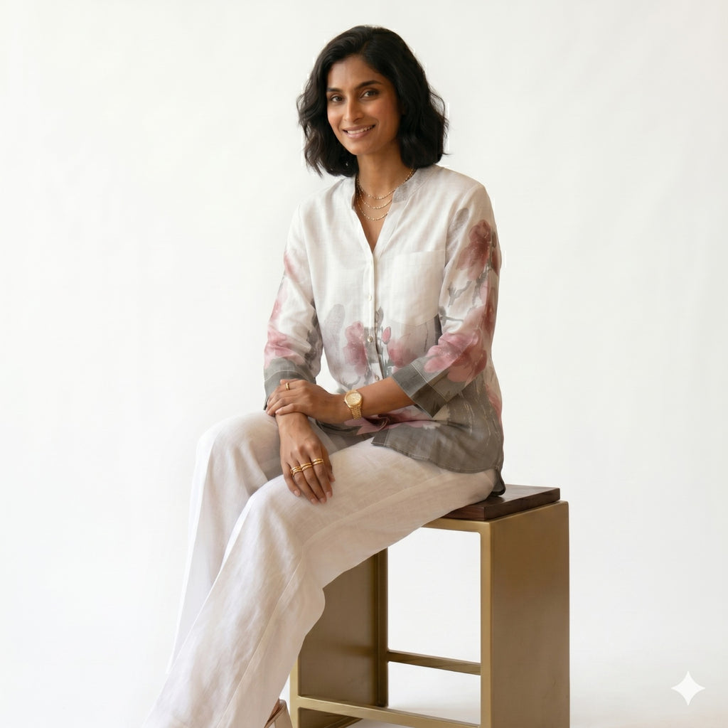 Floral Print Linen Blend Button-Down Top