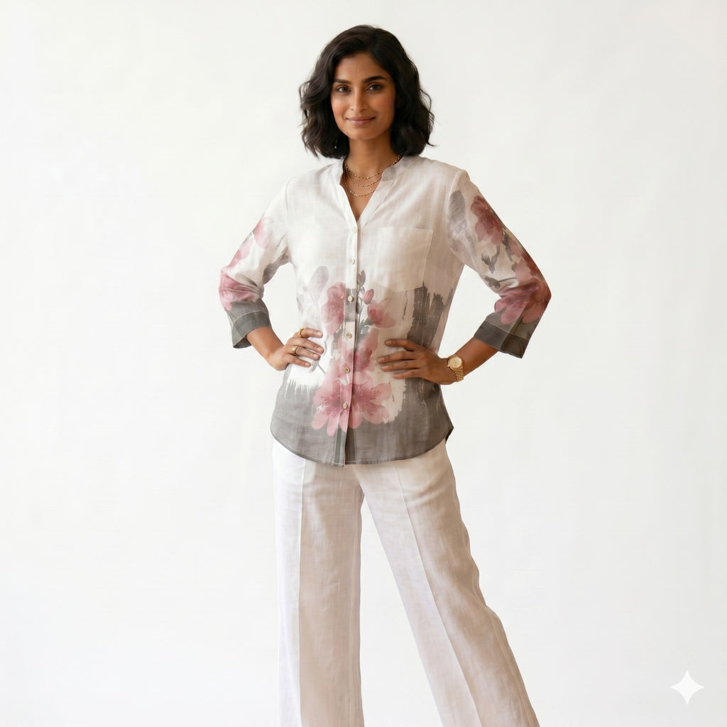 Floral Print Linen Blend Button-Down Top
