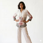 Floral Print Linen Blend Button-Down Top
