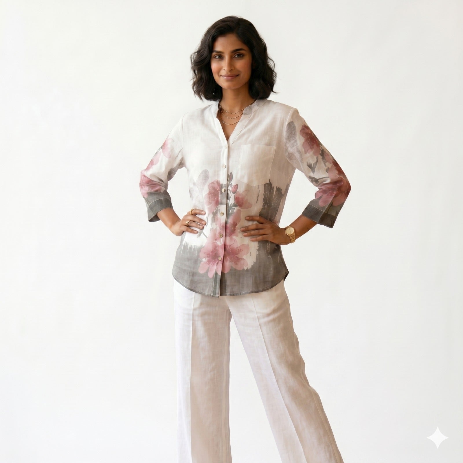 Floral Print Linen Blend Button-Down Top