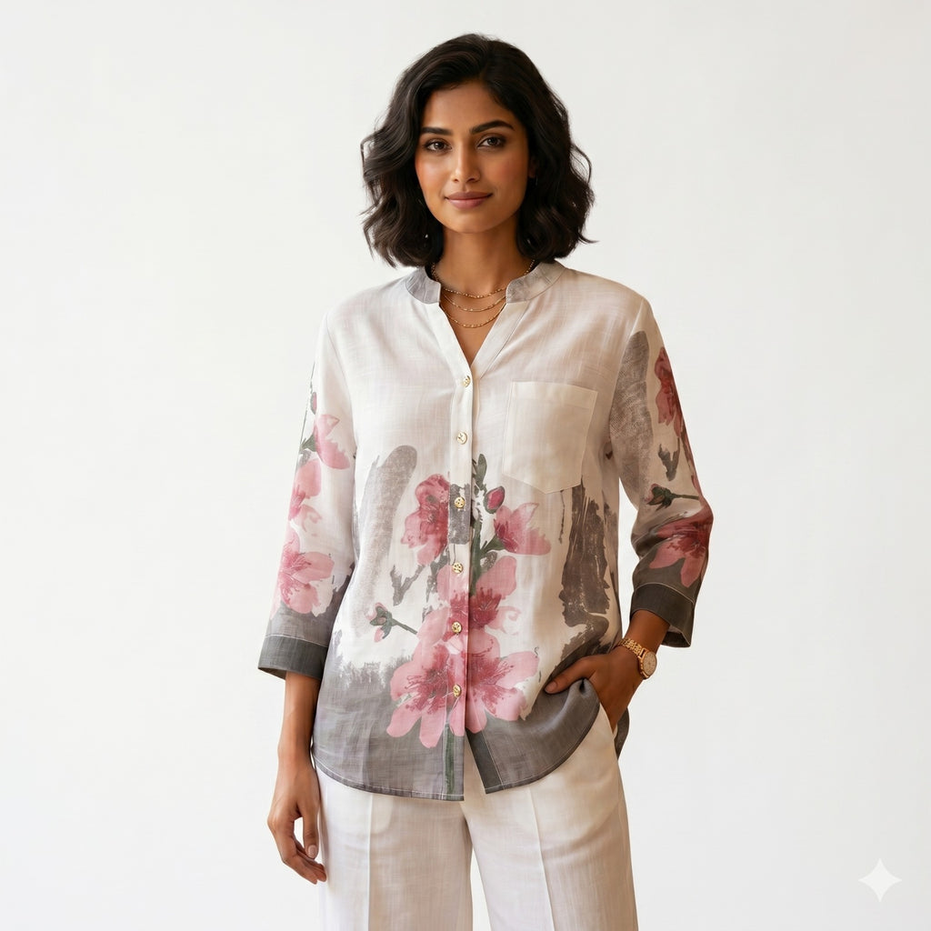 Floral Print Linen Blend Button-Down Top