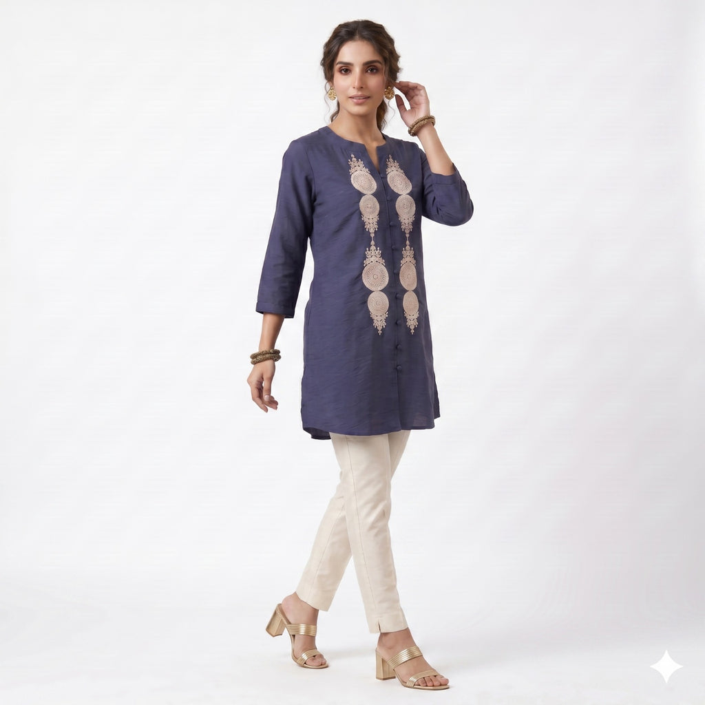 Navy Blue Embroidered Muslin Cotton Top