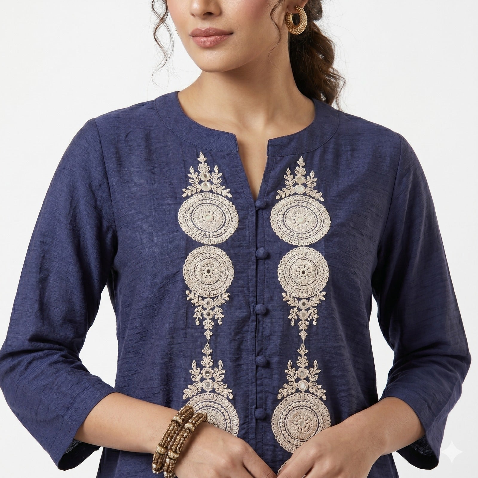 Navy Blue Embroidered Muslin Cotton Top