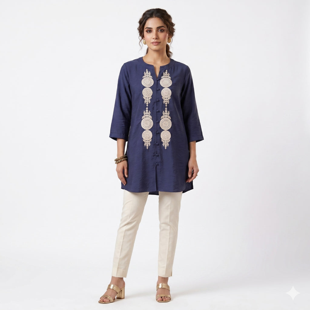 Navy Blue Embroidered Muslin Cotton Top