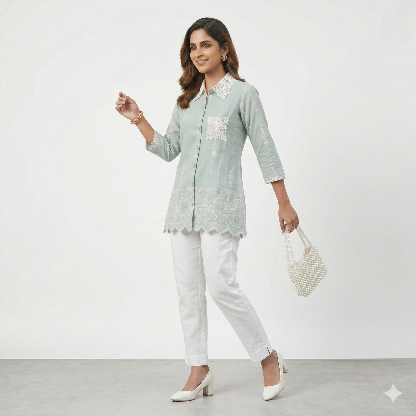Mint Lace Charm Cotton Shirt Top