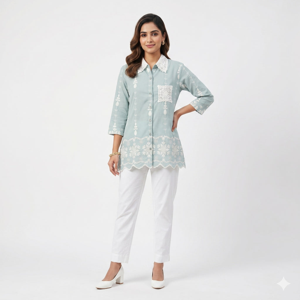 Mint Lace Charm Cotton Shirt Top