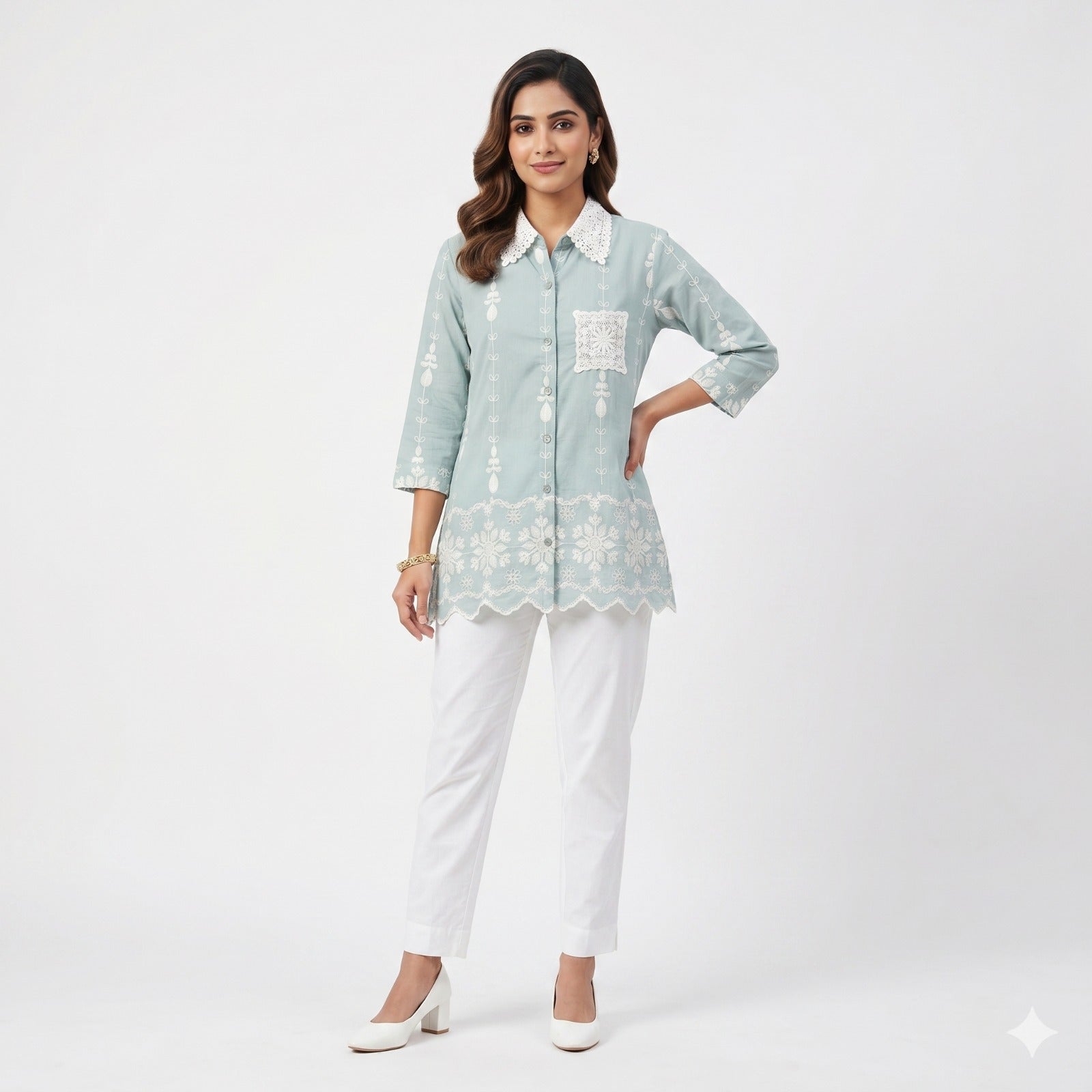 Mint Lace Charm Cotton Shirt Top