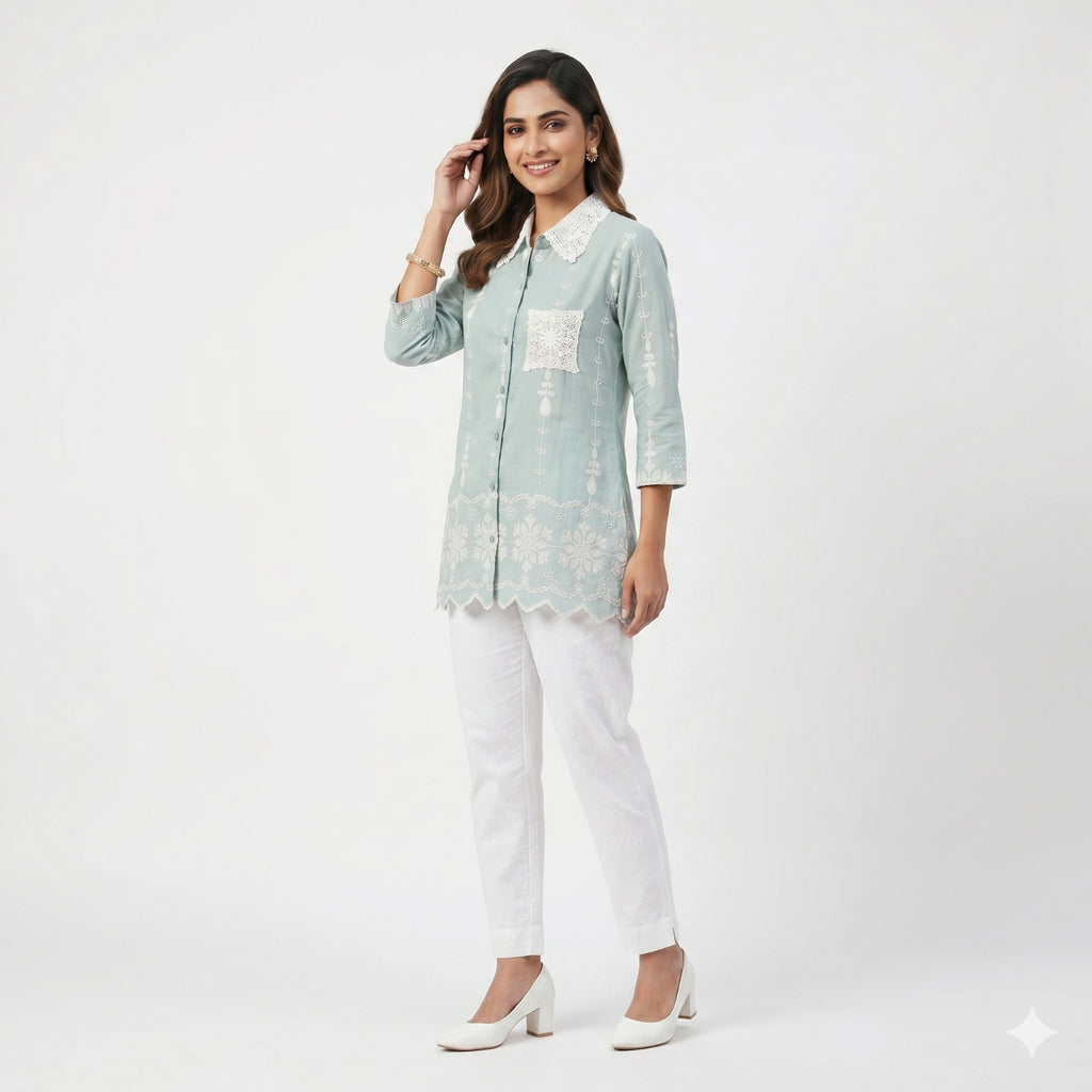Mint Lace Charm Cotton Shirt Top