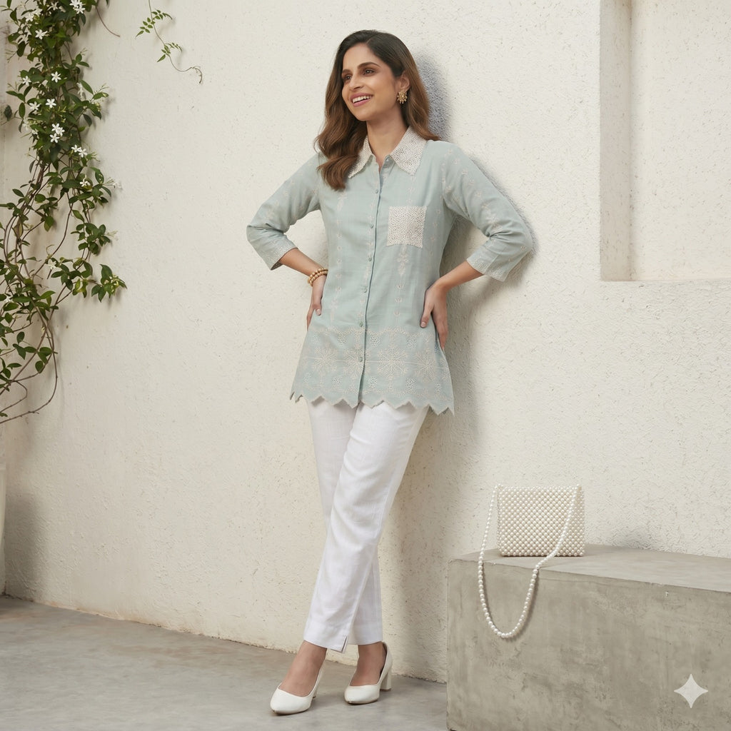 Mint Lace Charm Cotton Shirt Top