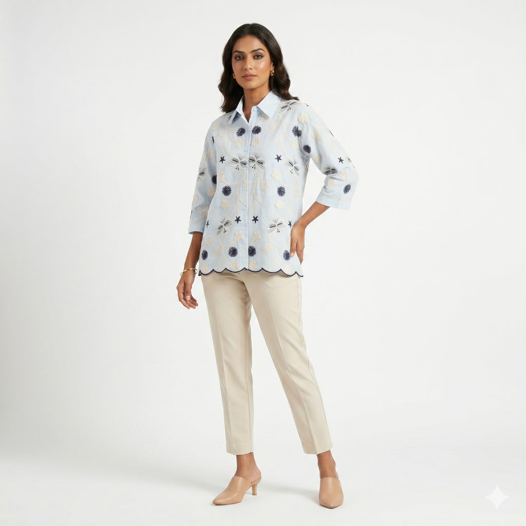 Sky Blossom Embroidered Cotton Shirt Top