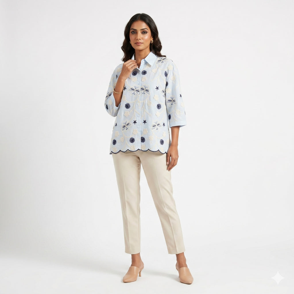 Sky Blossom Embroidered Cotton Shirt Top