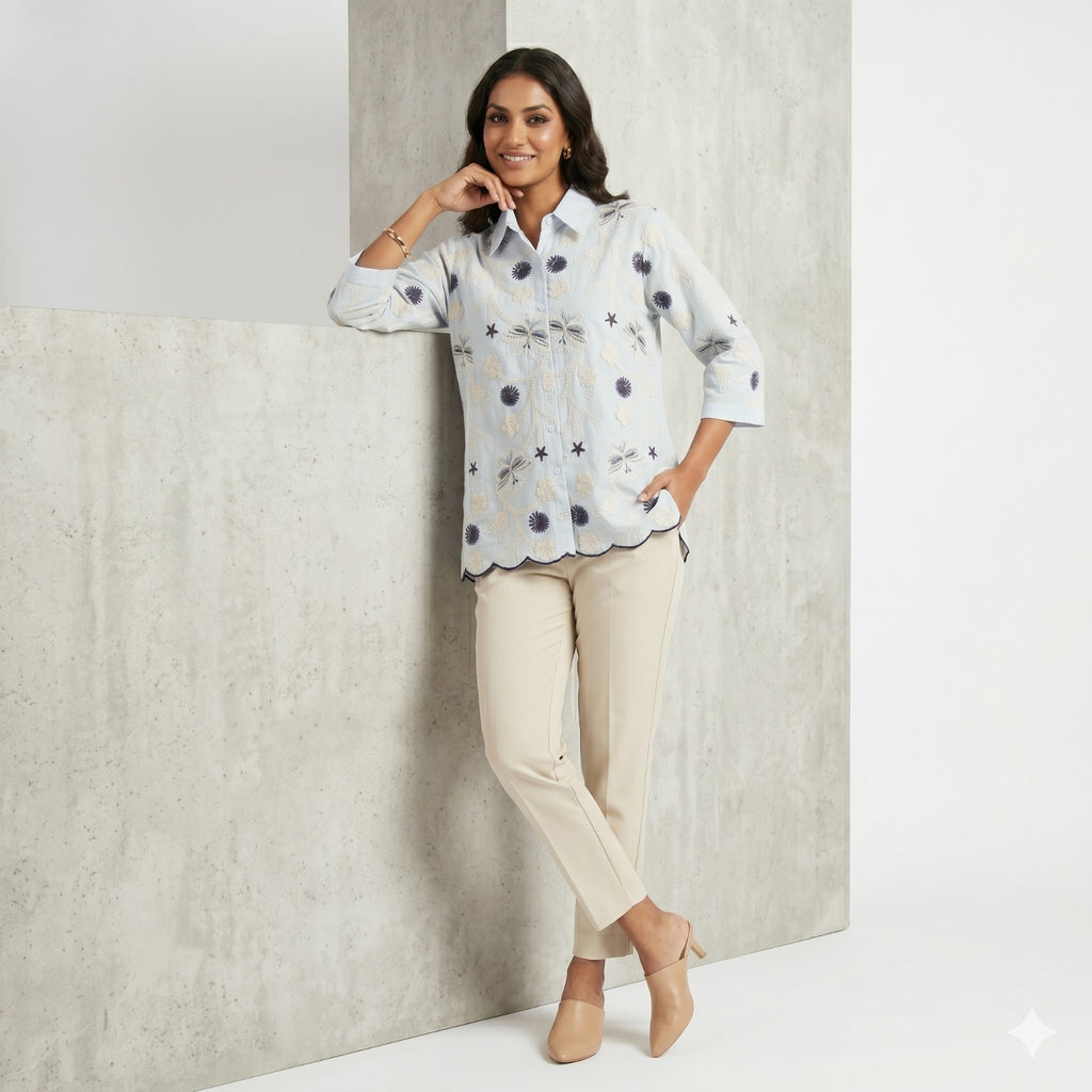 Sky Blossom Embroidered Cotton Shirt Top