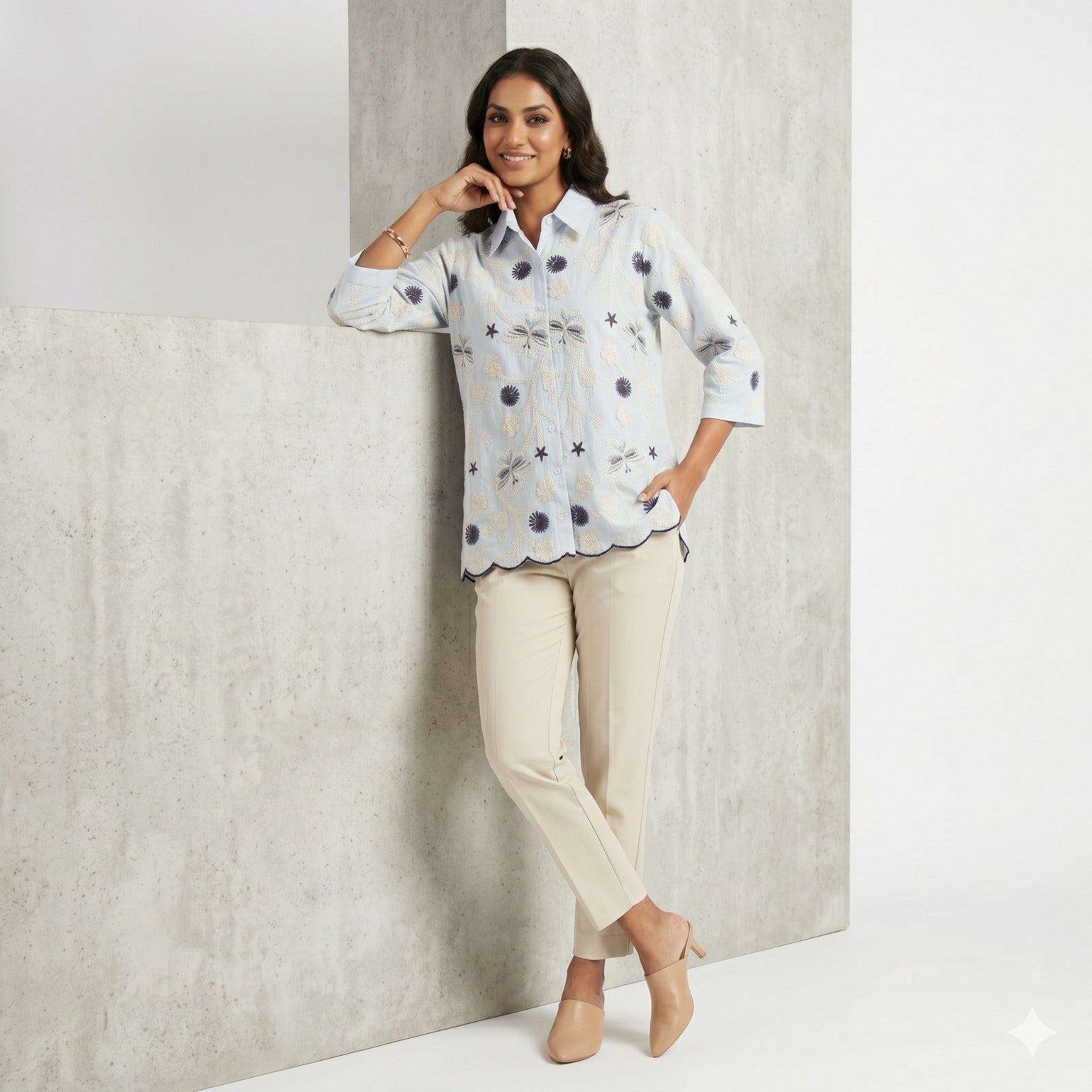 Sky Blossom Embroidered Cotton Shirt Top